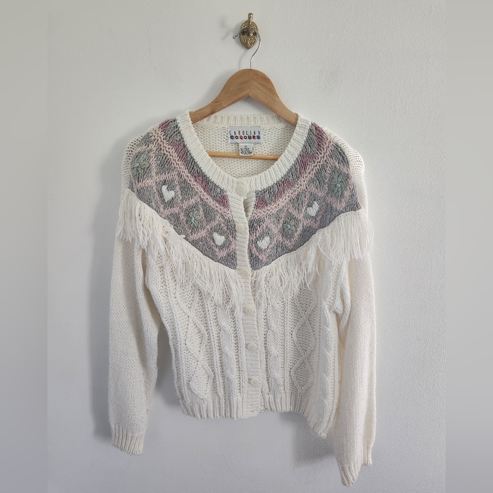Vintage Carolina Colours Fringe Knit Sweater Cardigan Size Small
